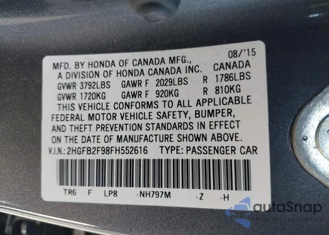 2015 Honda Civic Ex-L from USA, damaged, VIN 2HGFB2F98FH552616